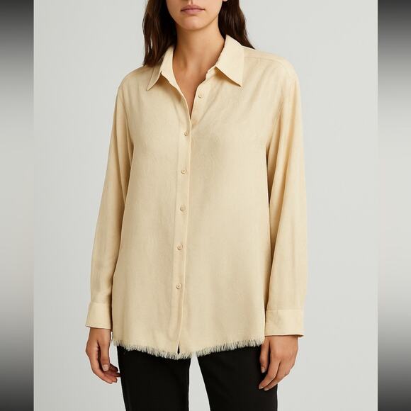 Zara Women’s Paisley Jacquard Button-Up Blouse Shirt Beige Cream Fringe Boho XL - Picture 1 of 12